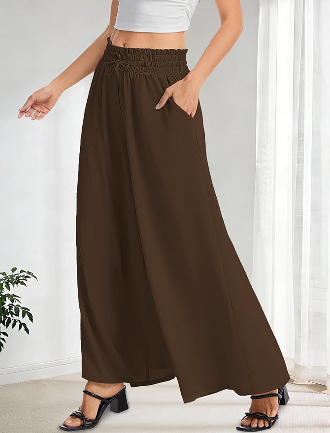 Women’s Wide Leg Pants Drawstring Elastic Waist Casual Trousers Lightweight Loose Lounge Pants with Pockets