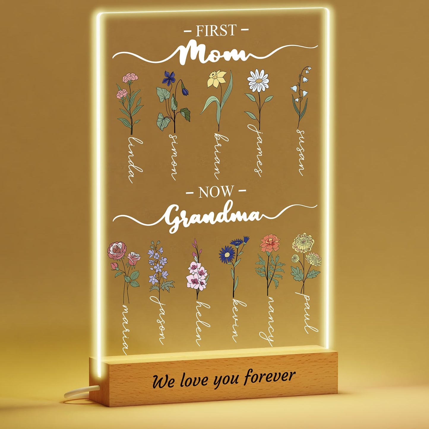 Voryusmer Mothers Day Gifts for Grandma Mom - Customized Birth Month Flower with Names - Engraved Mothers Garden Night Light - P