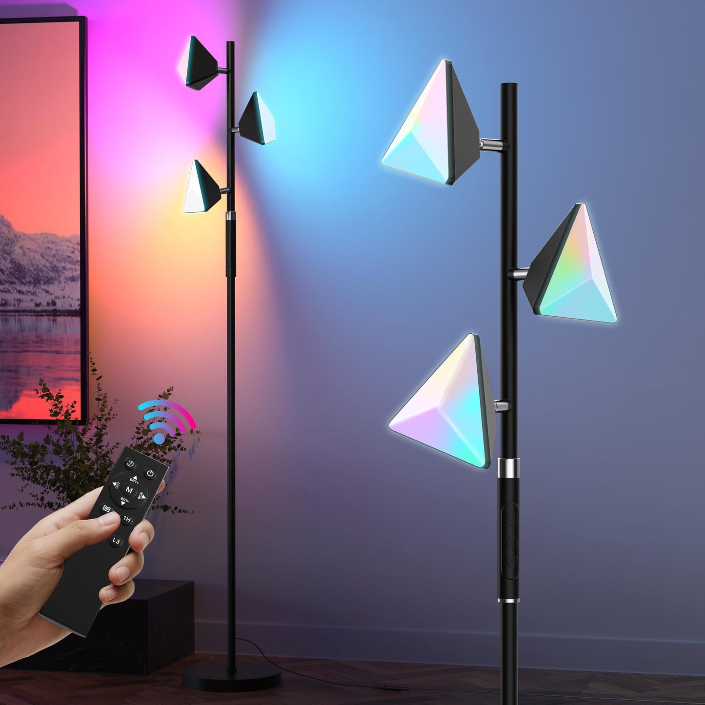 PARTPHONER RGB Tree Floor Lamp, Black, Stepless Dimmable, Remote & Touch Control, 3 Rotatable Lights, Model FLA-036-A2