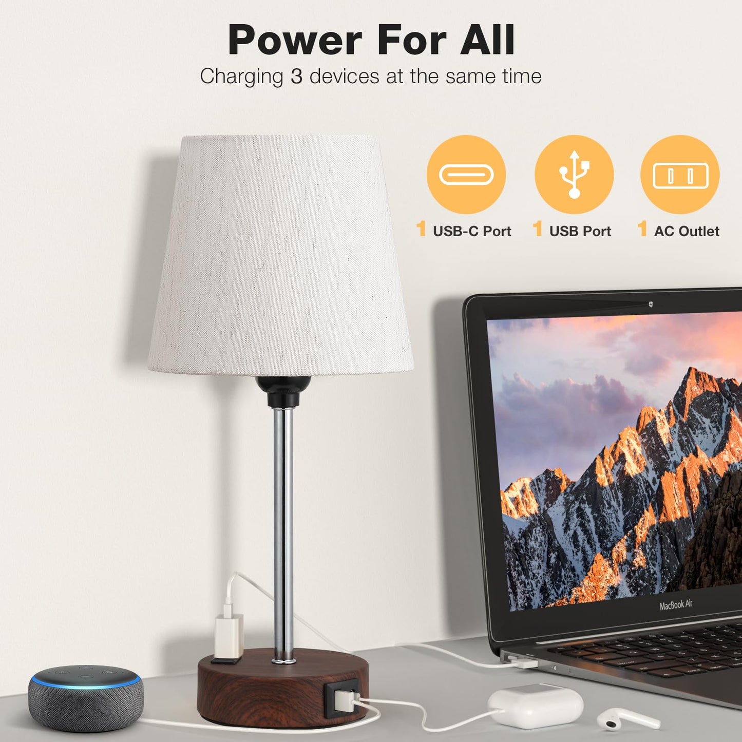Acaxin Reddish Brown Bedside Lamps Set of 2, 3 Way Dimmable Touch Control, USB C Port, AC Outlet, Model ACA-TL20-Beige-Brown Wood
