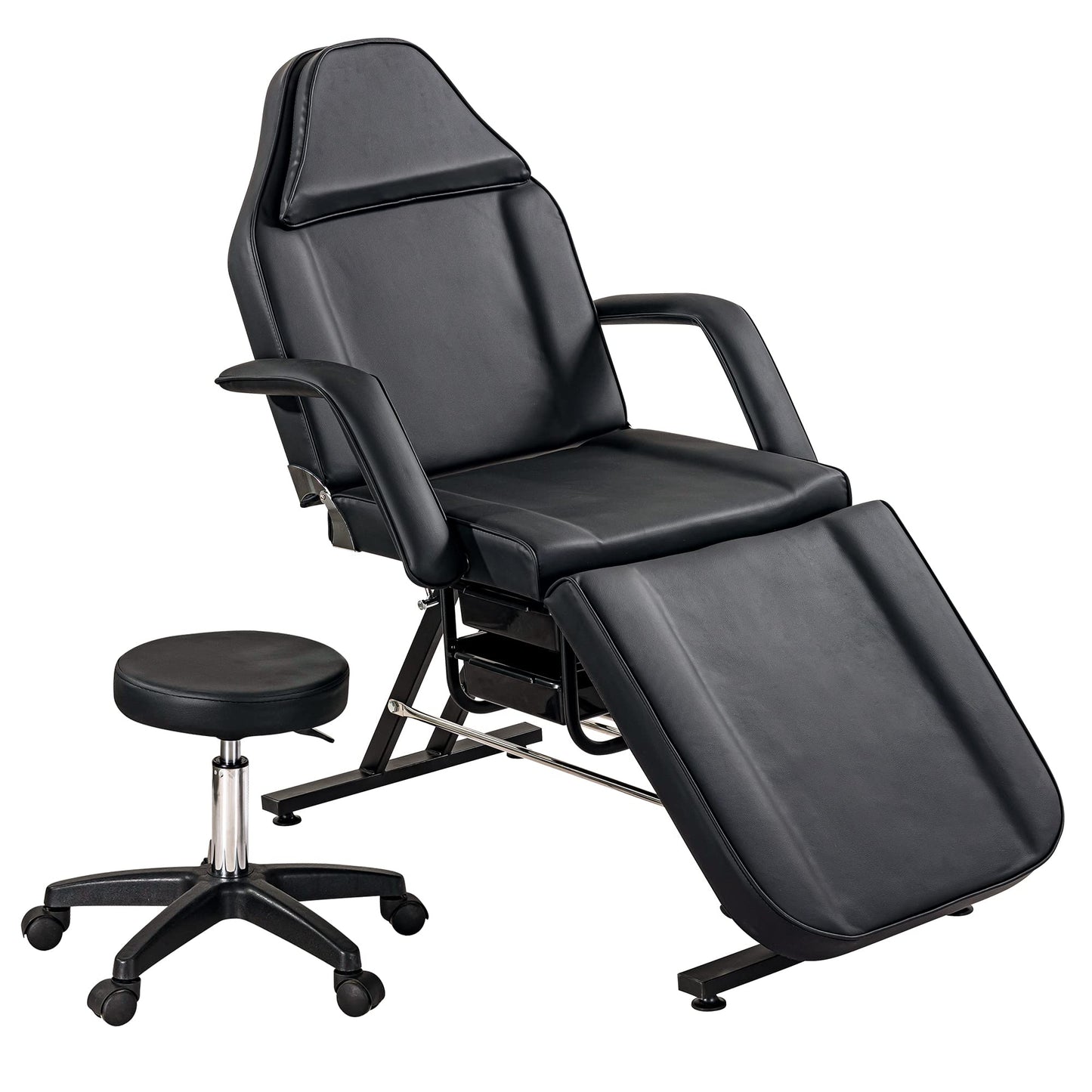 Massage Salon Tattoo Chair with Two Trays Esthetician Bed with Hydraulic Stool,Multi-Purpose 3-Section Facial Bed Table, Adjustable Beauty Barber Spa Beauty Equipment (Black)