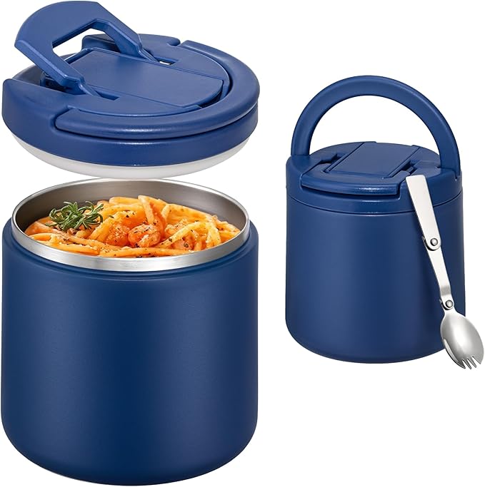 Kids Thermo for Hot Food 20oz Lunch Containers with Buckle Lid Wide Mouth Hot Food Jar Vacuum Insulated Stainless Steel Bento Box Leakproof with Spoon(Blue)