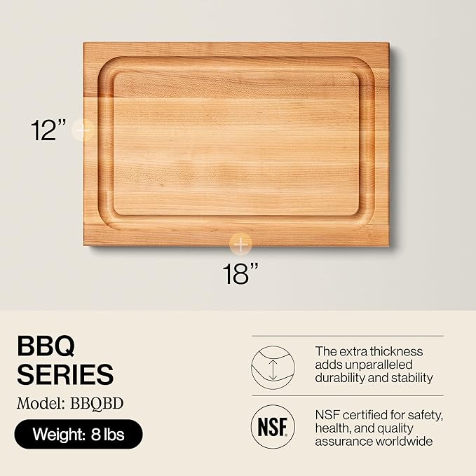 John Boos BBQ Series Rectangular Wooden Maple Cutting Board 18”x12” – 1.5” Thick, 8.5-lb Reversible Butcher Block with Juice Groove, Edge-Grain & Finger Grips– Made in the USA
