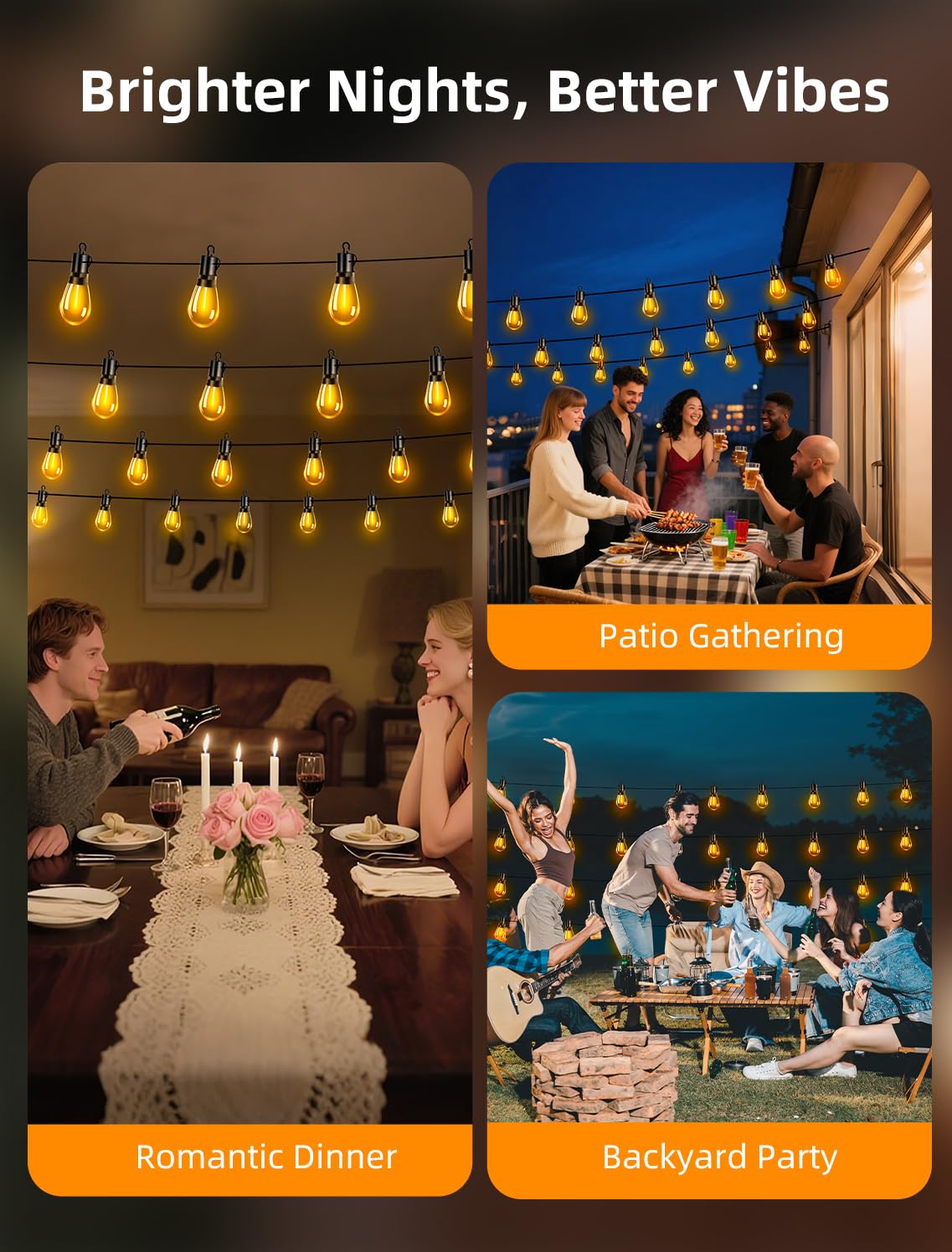 Vozuji Outdoor Patio String Lights: S14 Shatterproof Bulb Outside Waterproof Light - 100Ft 30M Remote Dimmable Connectable Hanging Outdoor Electric Lighting - Garden Backyard Yard Gazebo Porch Party