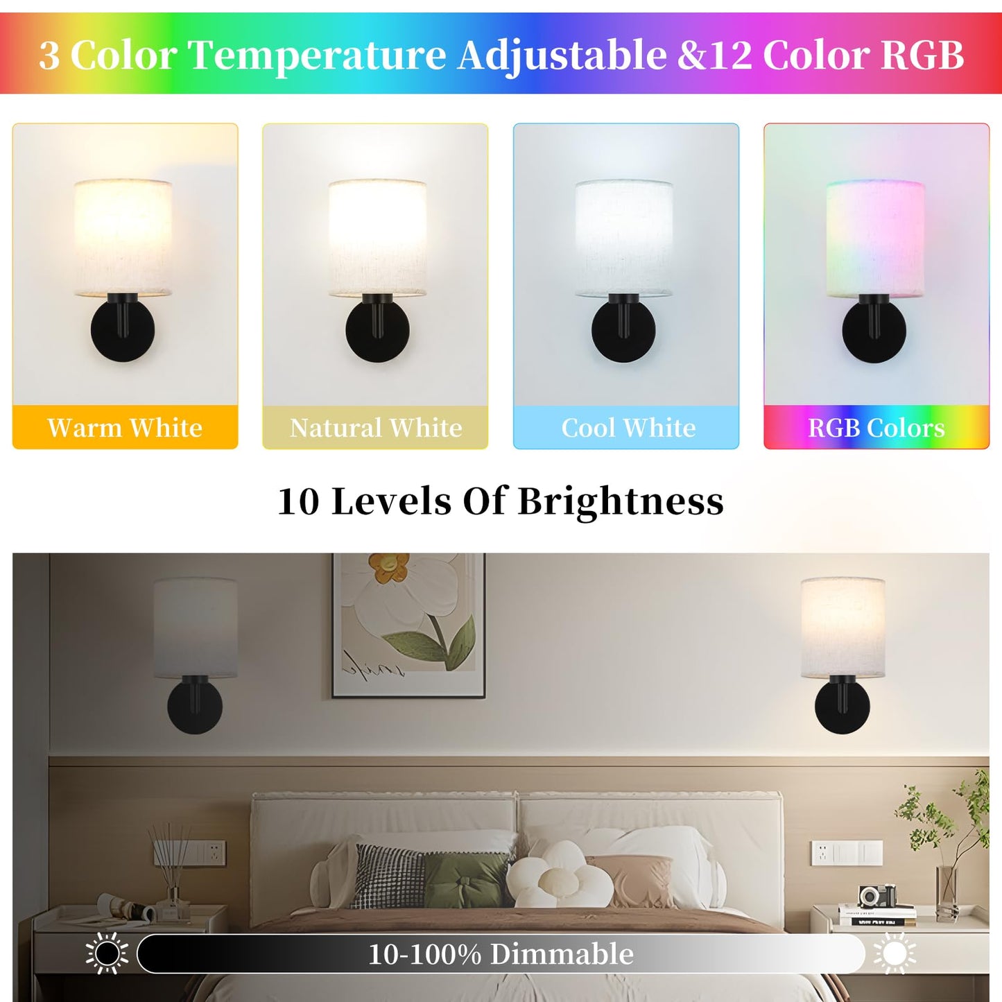 XIGUCUCN Rechargeable Wall Sconce Set of 2, Battery Operated, LED Bulb, 15 Colours Dimmable, Black, Model XG-WL03BK