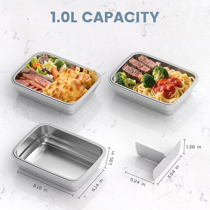 Stainless Steel Food Containers - 1.0L 304 Stainless Steel Containers with Lids for Electric Lunch Box, Removable T-Shaped Partition, Dishwasher Safe