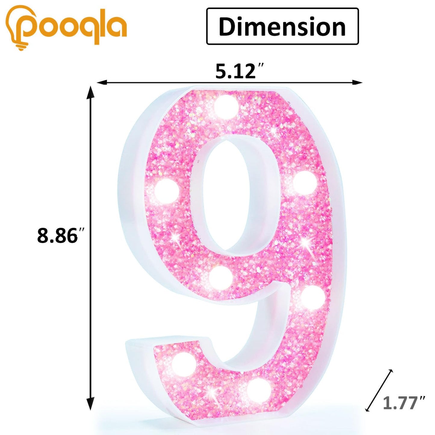 Pooqla Marquee Numbers  Pink Light Up Numbers For Girls 9Th Birthday  Battery Powered Glitter Number Night Light Gift For Christmas Bedroom Dorm Room Party Decoration  Cool White Number 9
