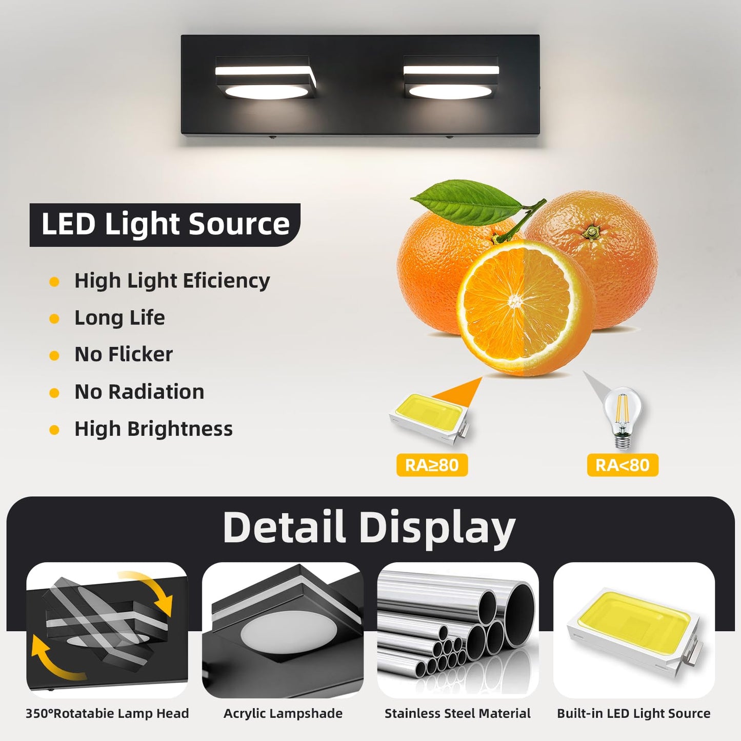 Okeli 2-Light Led Bathroom Vanity Light Fixtures  Matte Black Modern Bathroom Wall Lighting Fixtures Over Mirror (3Cct  3000K-6000K)