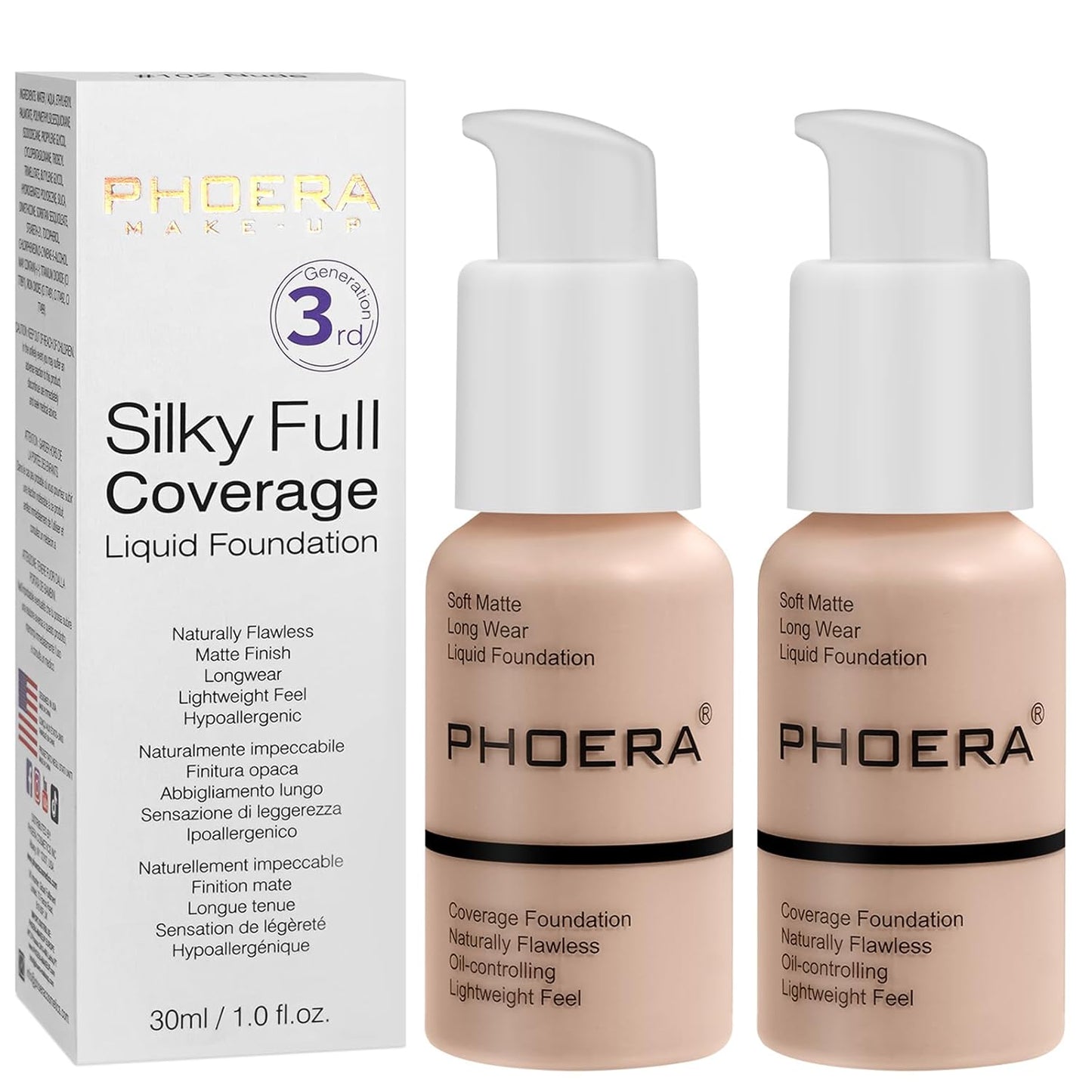 Hilareco PHOER Foundation, 2pcs- 101- Porcelain, Full Coverage Concealer, Matte Liquid Foundation, Oil-Control, Whitening, Refreshing Moisturizing, Cruelty-Free, Vegan, 30ml