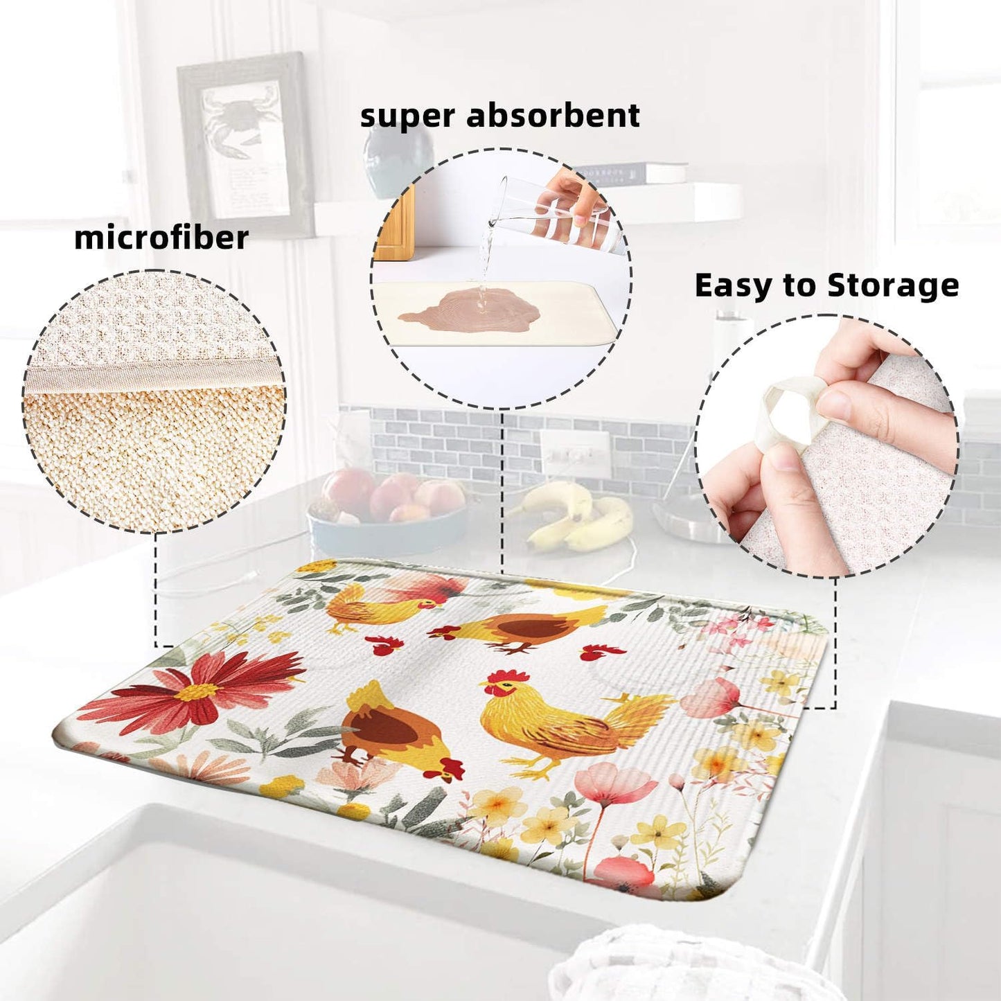 Chicken Large Dish Drying Mat for Kitchen Counter 16''x18''Microfiber Absorbent - Foldable, Quick-Dry, Non-Slip, & Compact Kitchen Drying Pad for Dishes, Countertops, and Cookware
