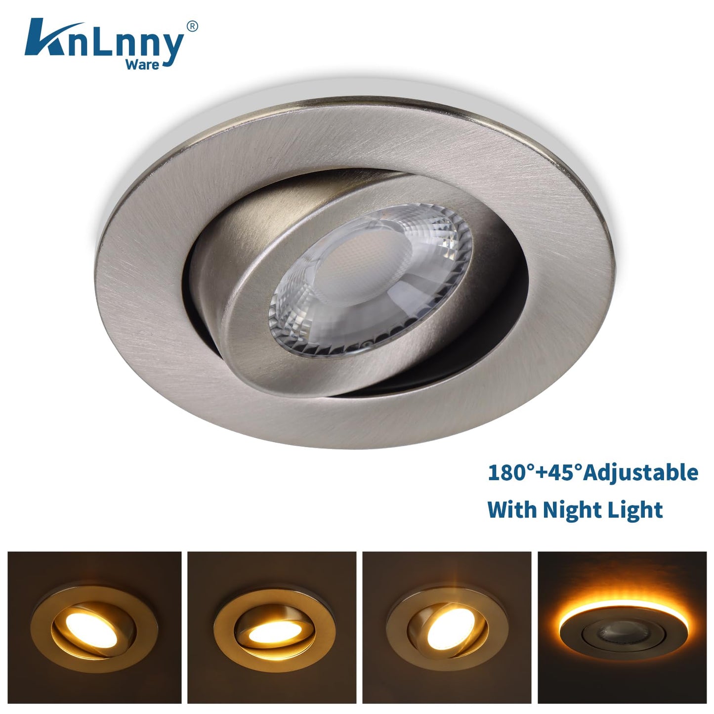 KnLnny Ware 4 Inch Brushed Nickel Recessed Lights, 6 Pack, Dimmable, 9W 750LM, 5CCT Selectable, Adjustable, with Night