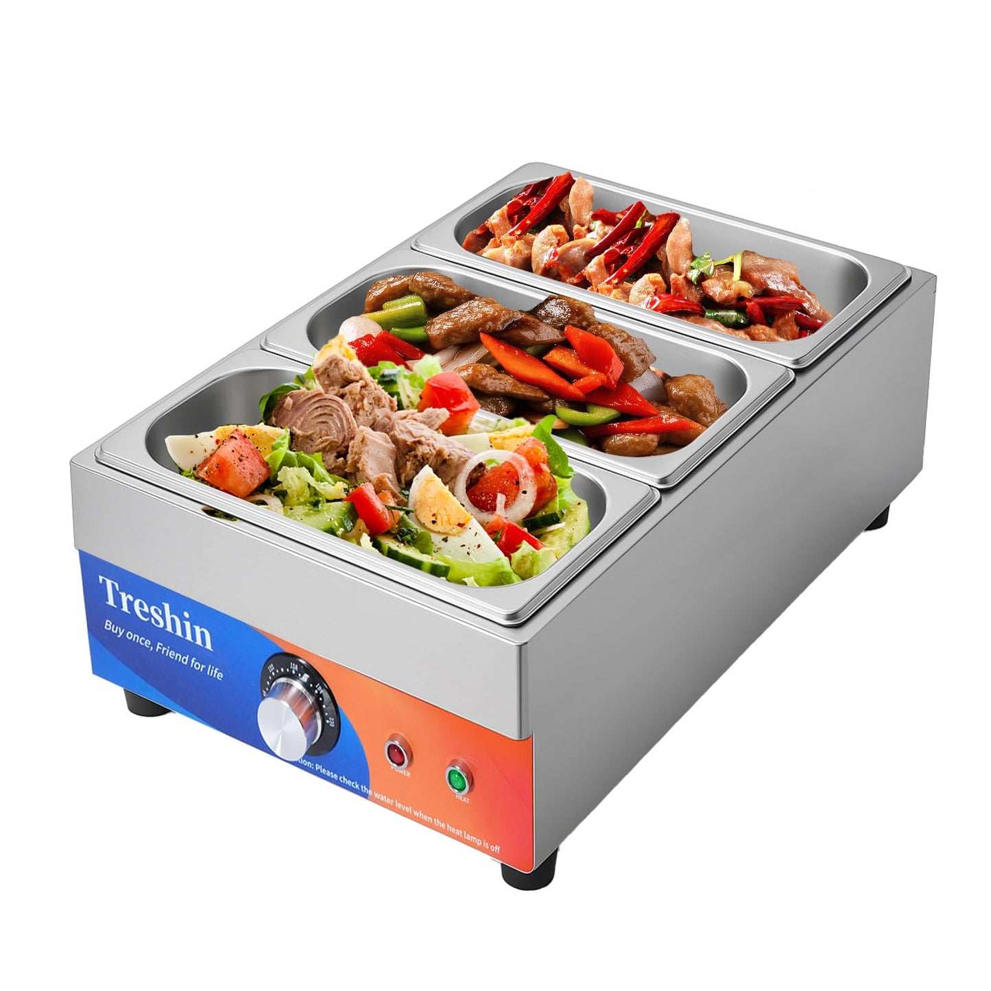 Treshin 3 Pan Commercial Food Warmer, Stainless Steel Bain Marie Food Warmers Steam Table 15 Qt 1200W with Temperature Control & Lid for Home, Catering, Restaurants