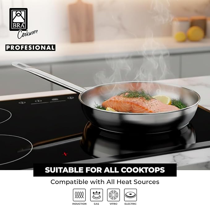 BRA COOKWARE Profesional 9-Piece Stainless Steel Cookware Set | Professional Pots & Pans Set | Kitchen Set w/ 2 Pots, 1 Sauté Pan, 3 Frying Pans, 3 Lids | All Heat Sources Compatible | PFOA Free