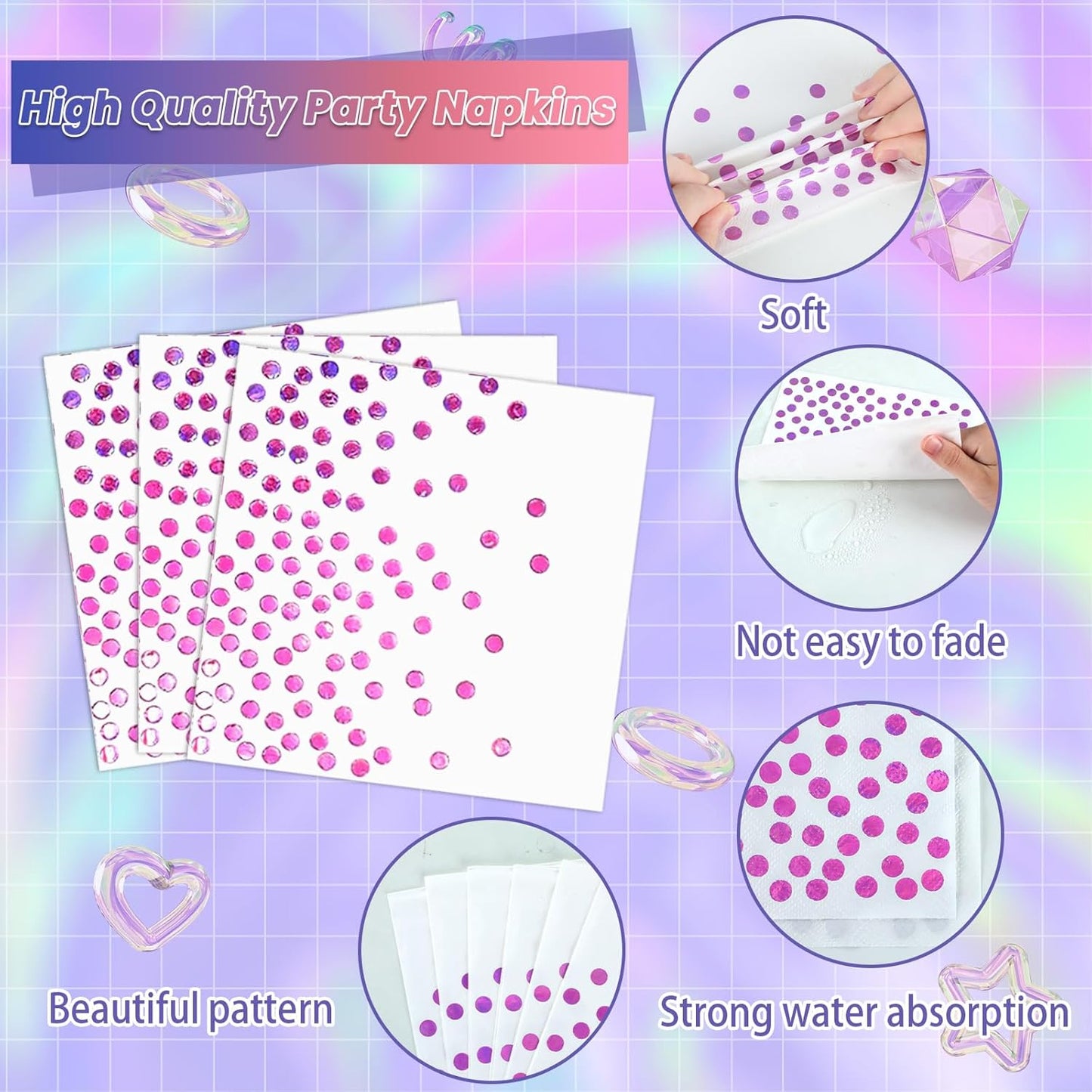 96Pcs Iridescent Pink Party Decorations Iridescent Theme Tableware Set Hot Pink Holographic Paper Plates Napkins Fork for Birthday Dinnerware Girls Women Mermaid Disco Shiny Laser Supplies 24 Guests