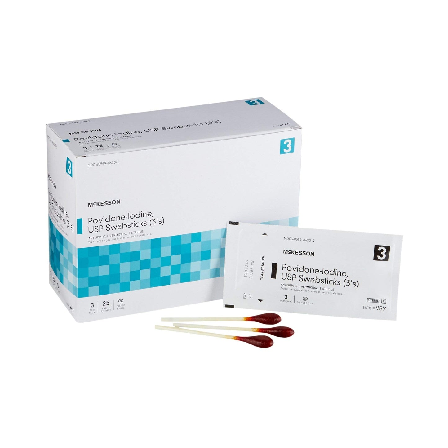 McKesson Povidone Iodine 10% Swabs Stick [75 Sticks], Sterile Swabsticks, Topical Pre-Surgical and First Aid, 3 Per Pack, 25 Packs
