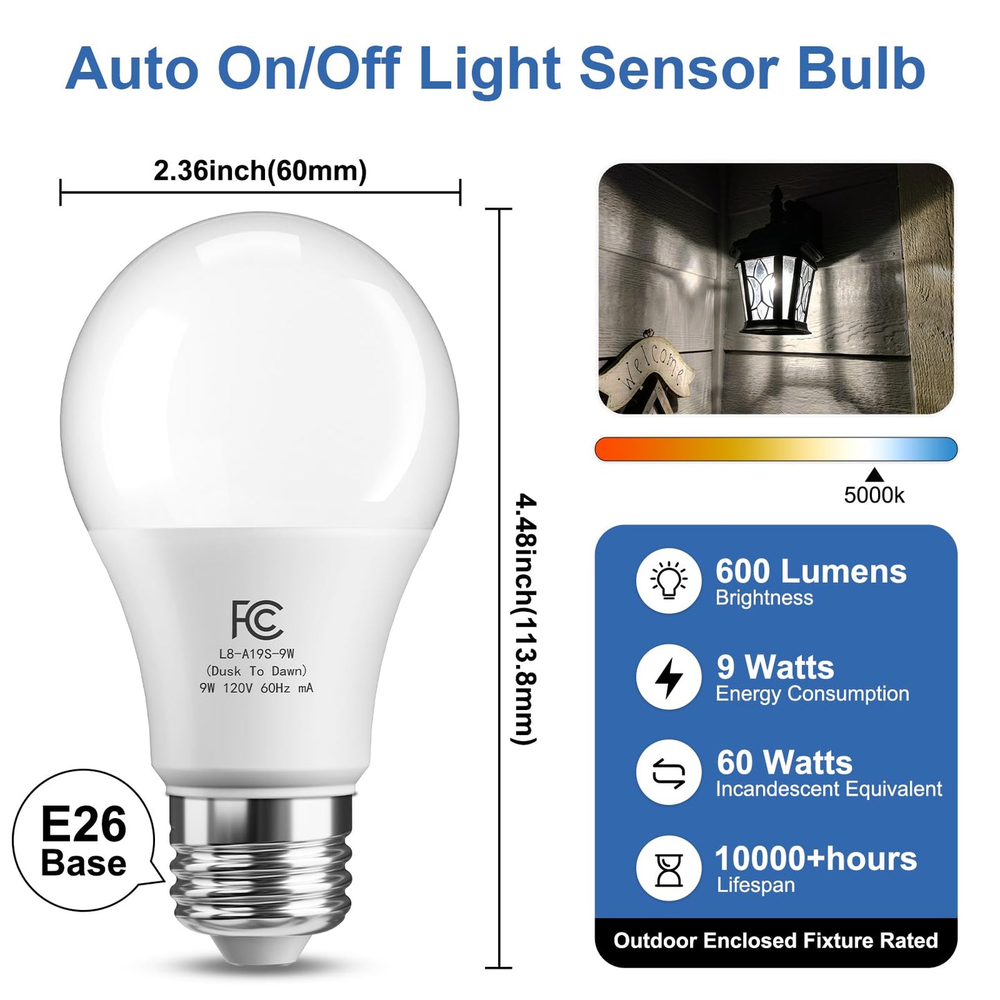 Tjoy Dusk To Dawn Light Bulbs Outdoor  Light Sensor A19 Led Light Bulb  Automatic On/Off Photocell Bulb For Outdoor Porch Lighting  60W Equivalent  Energy Efficient 9W  Daylight 5000K E26 Base  4 Pack