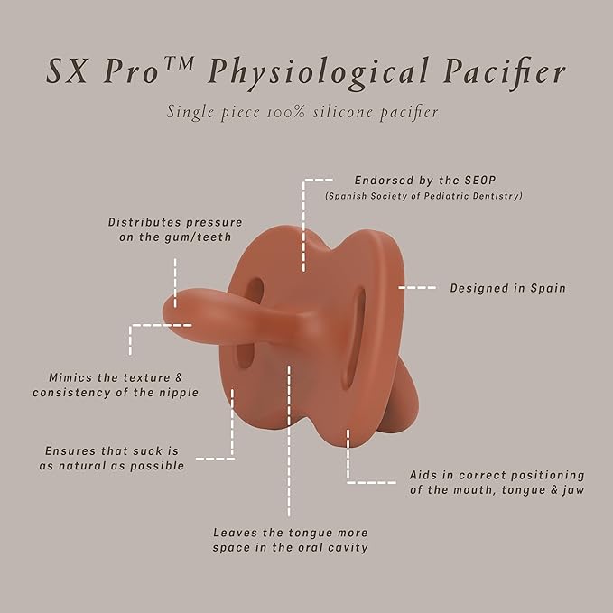 Color Essence SX PRO Silicone Baby Pacifier 2Pk, Made with 100% Soft Silicone, Baby Essentials Perfect for Breastfeeding Babies, Designed in Spain, 6-18 Mths, Nude/Orange