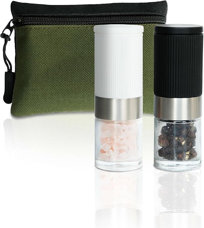 Mini Travel Portable Salt and Pepper Grinder Set, 2-Piece Ceramic Mill with Adjustable Coarseness, Compact Design with Carrying Bag (3.4oz) (Black&White)