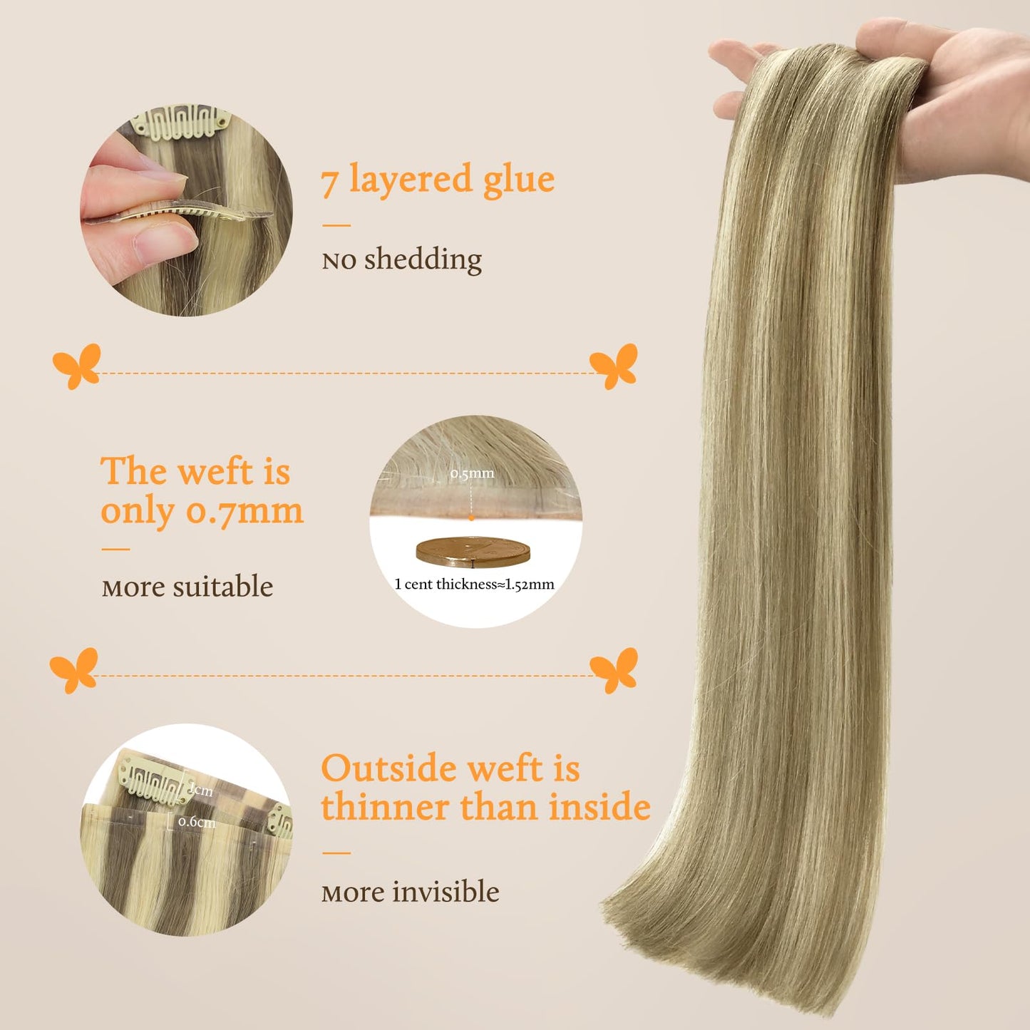 DOORES Clip in Hair Extensions, Light Brown Highlighted Medium Blonde Human Hair Extensions 22 Inch 150g 7pcs, Virgin Hair Exten