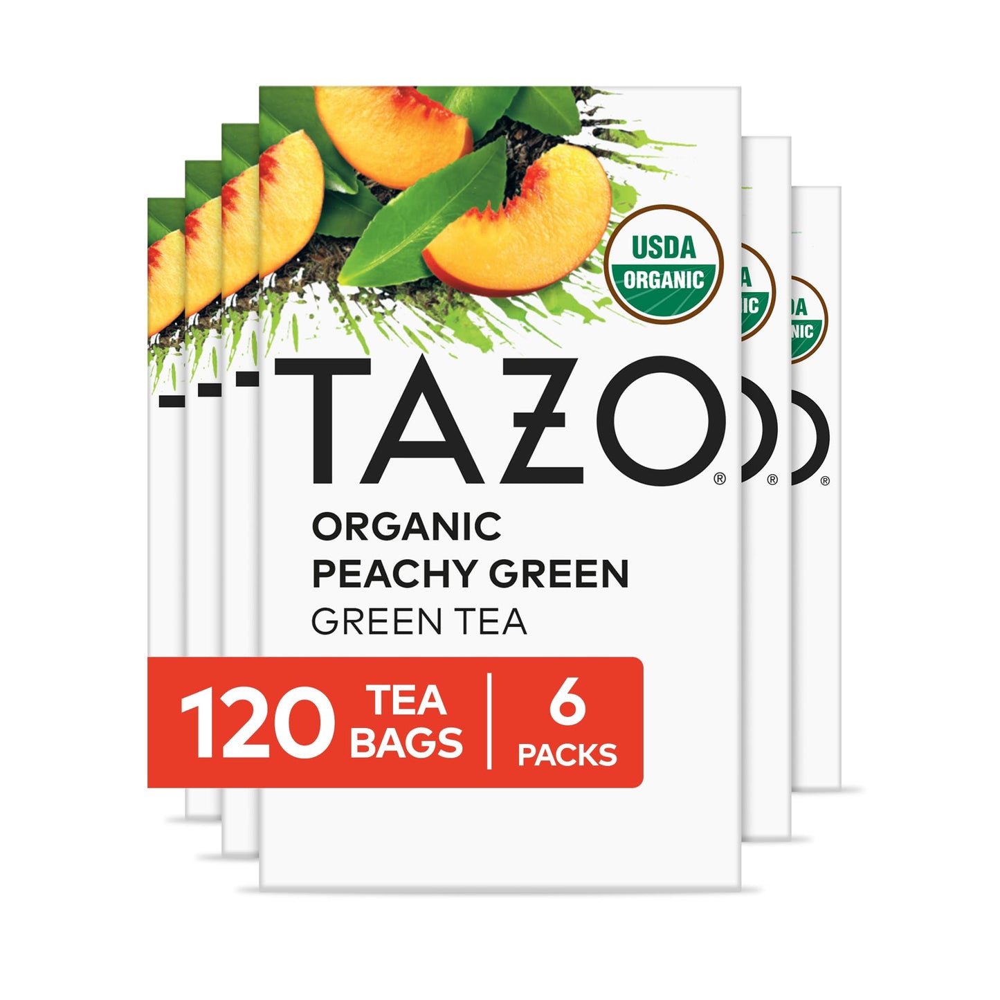 TAZO Organic Peachy Green Tea Bags, Green & Black Tea Blend with Sweet Peach Flavor, Caffeinated Tea, 120 Total Bags (20ct - Pac