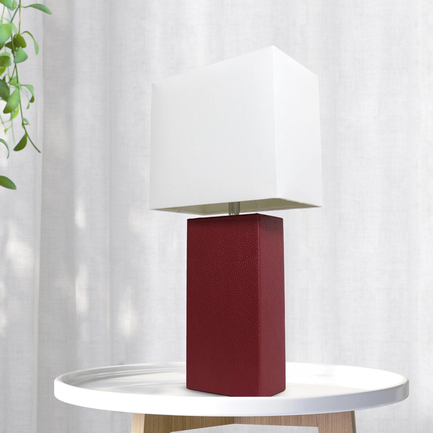 LALIA HOME Lexington 21in Leather Base Bedside Table Lamp, Red, MDF and Fabric Shade for Living Room, Bedroom, Office, Model LHT-3008