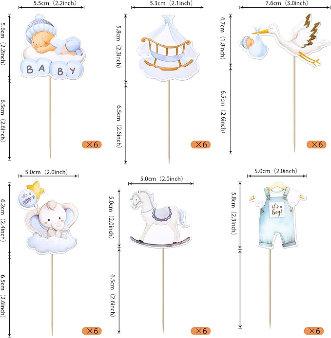 Rsstarxi 36 Pack Baby Cupcake Toppers - Boy Shower Decorations, Swan Elephant 'It's a Boy' Picks for Baby Boys Birthday Party Cake Decorations