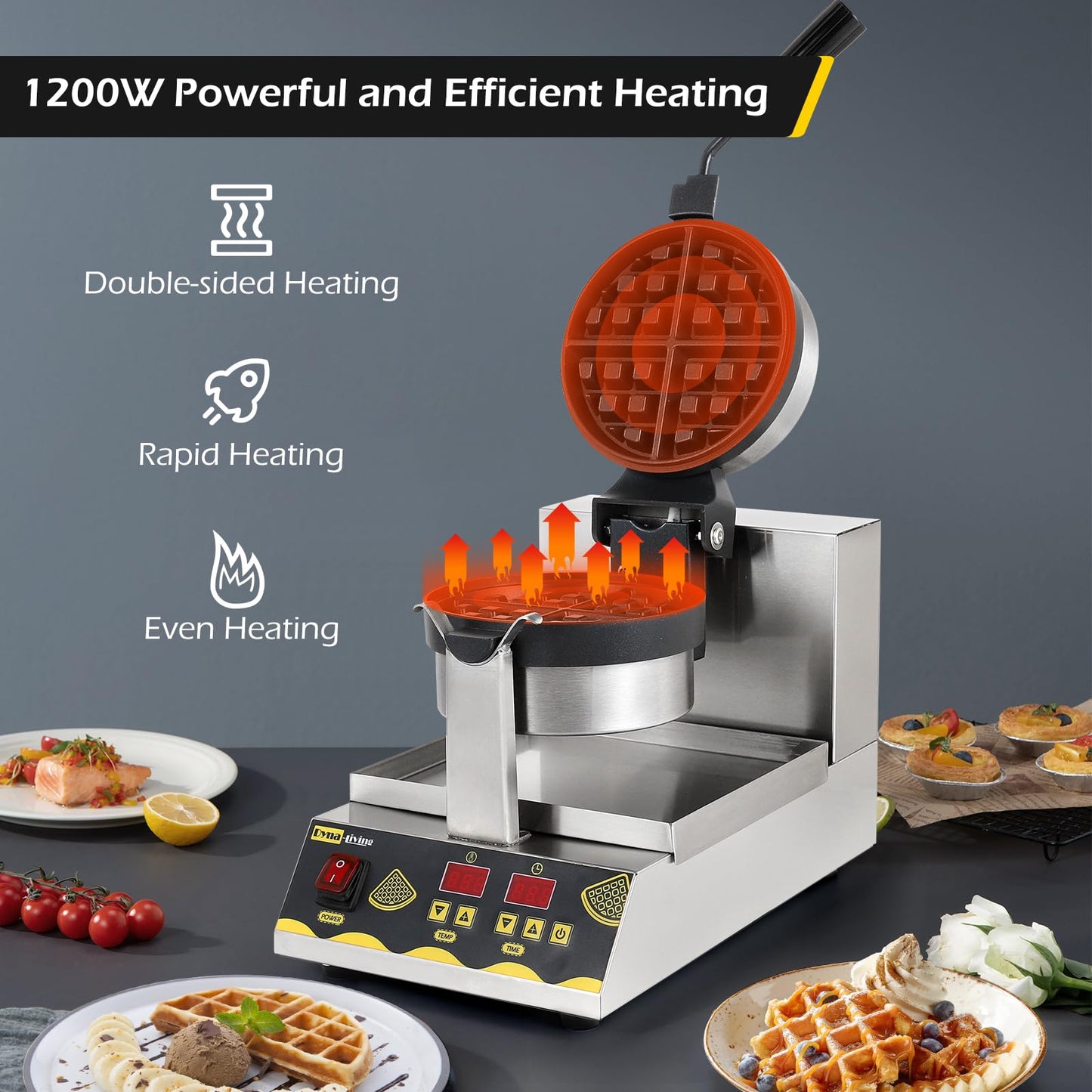 Dyna-Living Belgian Waffle Maker Commercial Intelligent Round Waffle Maker Rotating 180° Nonstick Flip Waffle Iron Machine Professional Commercial Waffle Maker for Restaurant 110V 1200W