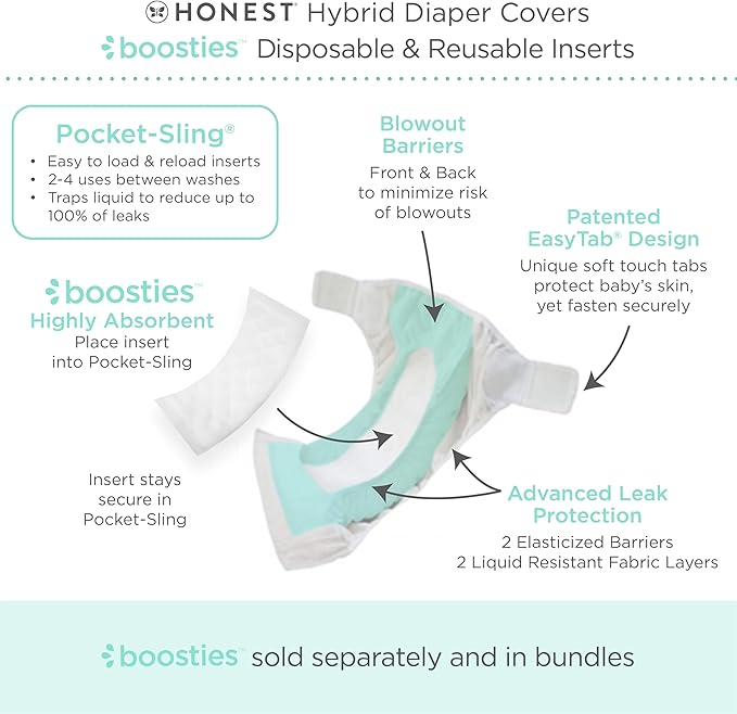Super Boosties 96ct + Honest Hybrid Cloth Diaper Cover with Pocket-Sling, Small (8-15 lbs), Stops Nighttime Leaks, Boosties Disposable Diaper Inserts, Honest Cotton Muslin Covers, 3 Pack