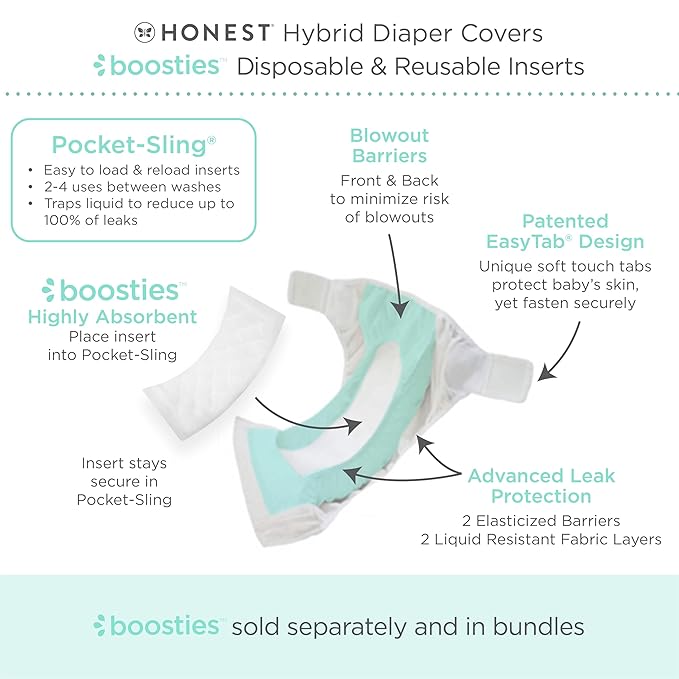 Honest Hybrid Cloth Diaper Covers with Pocket-Sling, Medium (12-25 Pound), Stops Nighttime Leaks, Use with Boosties Disposable or Reusable Insert, 3 Pack of Cotton Muslin Covers