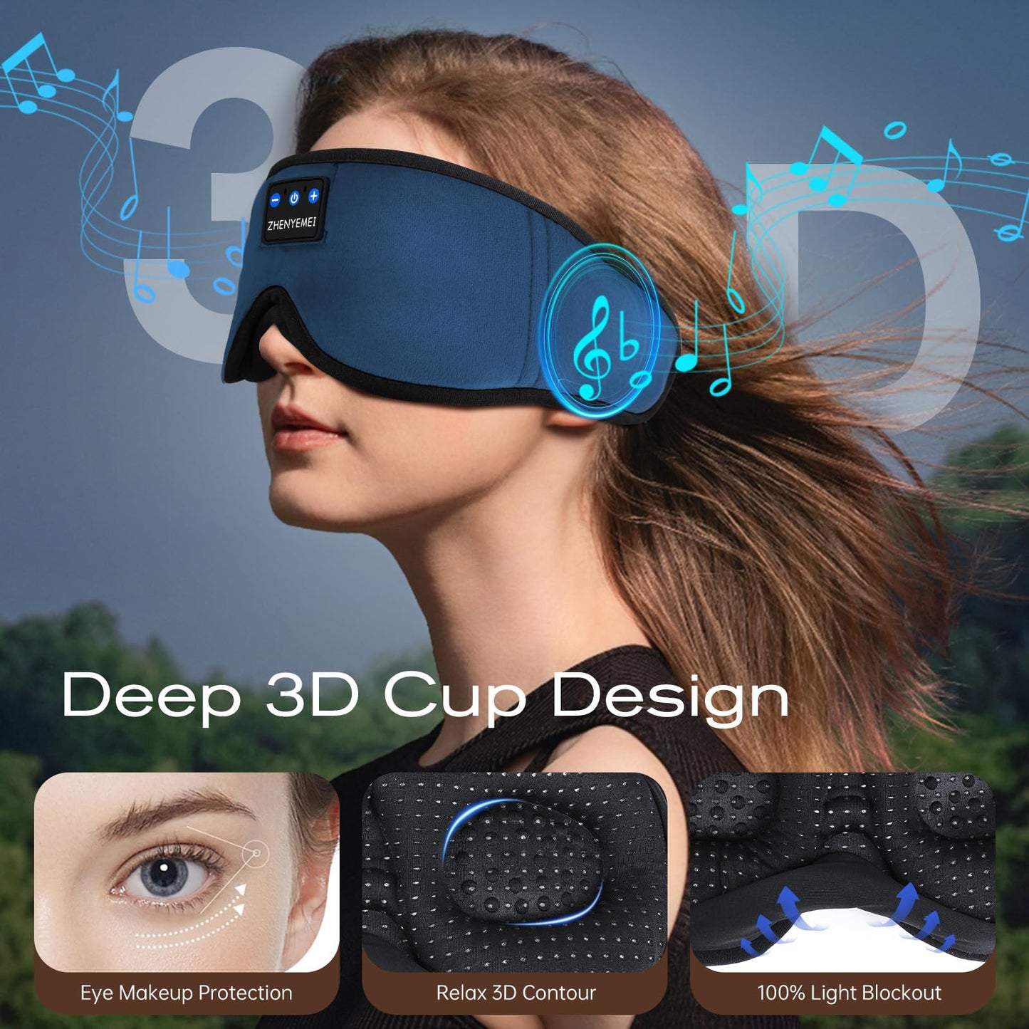 ZHENYEMEI 3D Sleep Mask with Bluetooth Headphones, Sleeping Headphones for Side Sleepers, Wireless Music Eye Mask with Ultra-Thin Stereo Speakers for Men, Women, Tech Gifts, Deep Blue