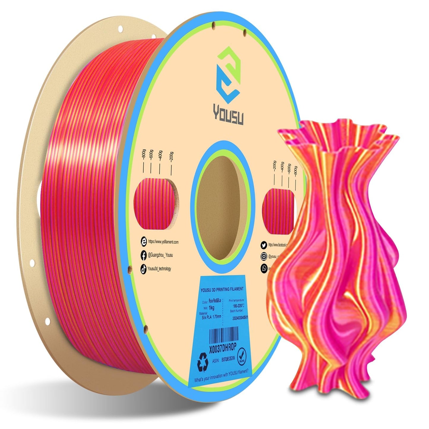 YOUSU Silk Dual Color PLA Filament Coextrusion PLA Filament Multicolor 3D Printer Filament 1kg, Compatible with Most of 3D Print