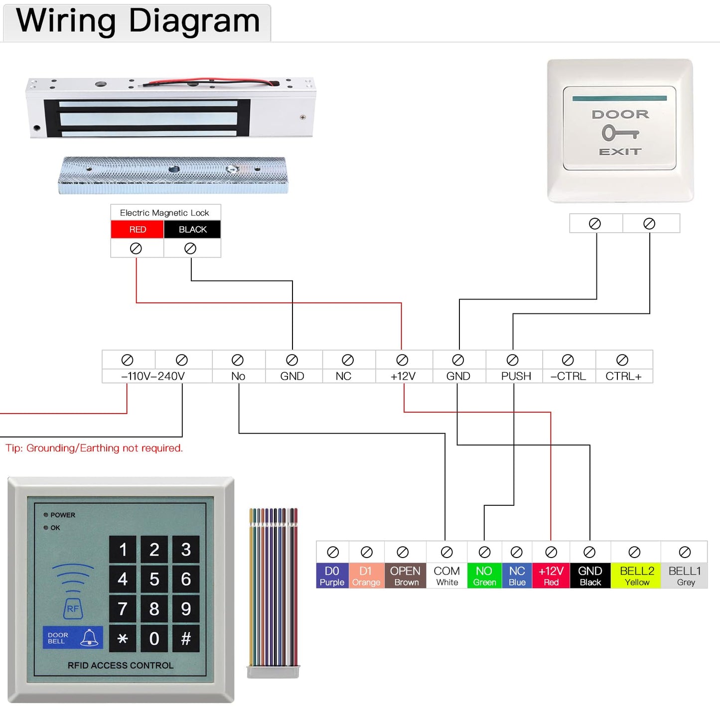 RFID Door Access Control Kit with 600LBS Electric Magnetic Lock, 110-240V AC to 12v DC 4A Power Supply, Nearness Door Entry keypad, 10 Key Fobs, and Exit Button (C2052-600LB Access Control Kit)