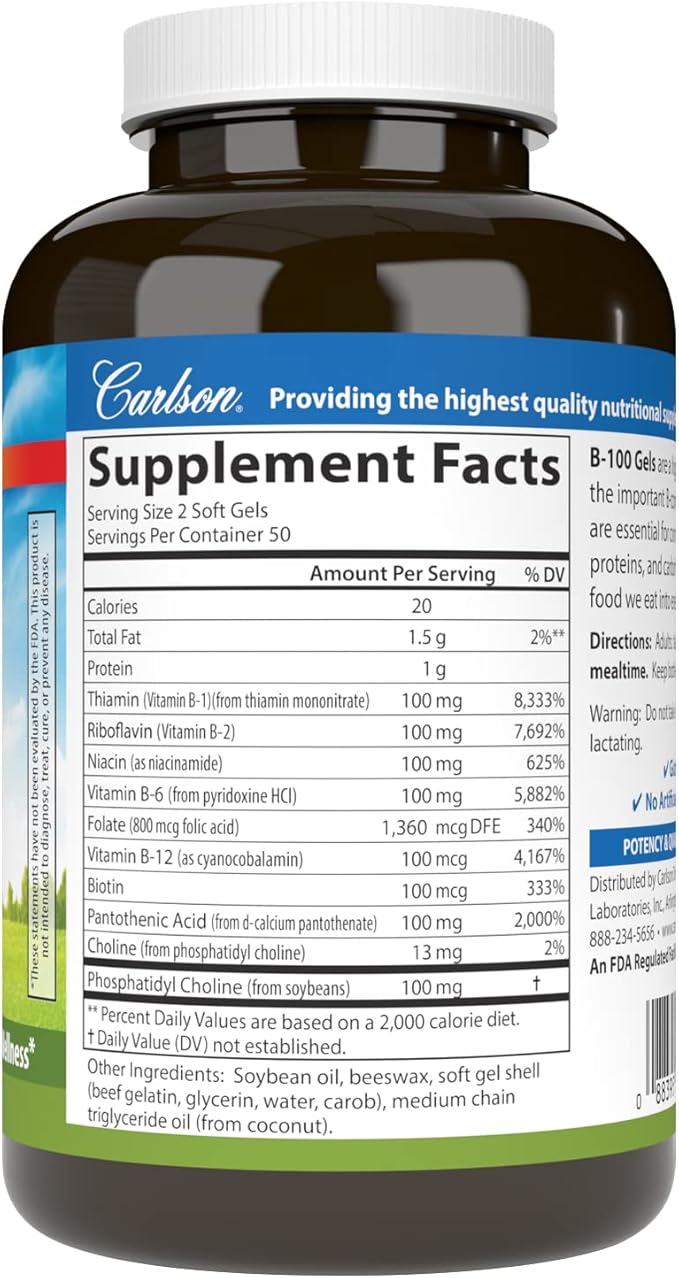 Carlson - B-100 Gels, High-Potency Vitamin B Complex, Energy Production, Cellular Support & Optimal Wellness, 100 Softgels