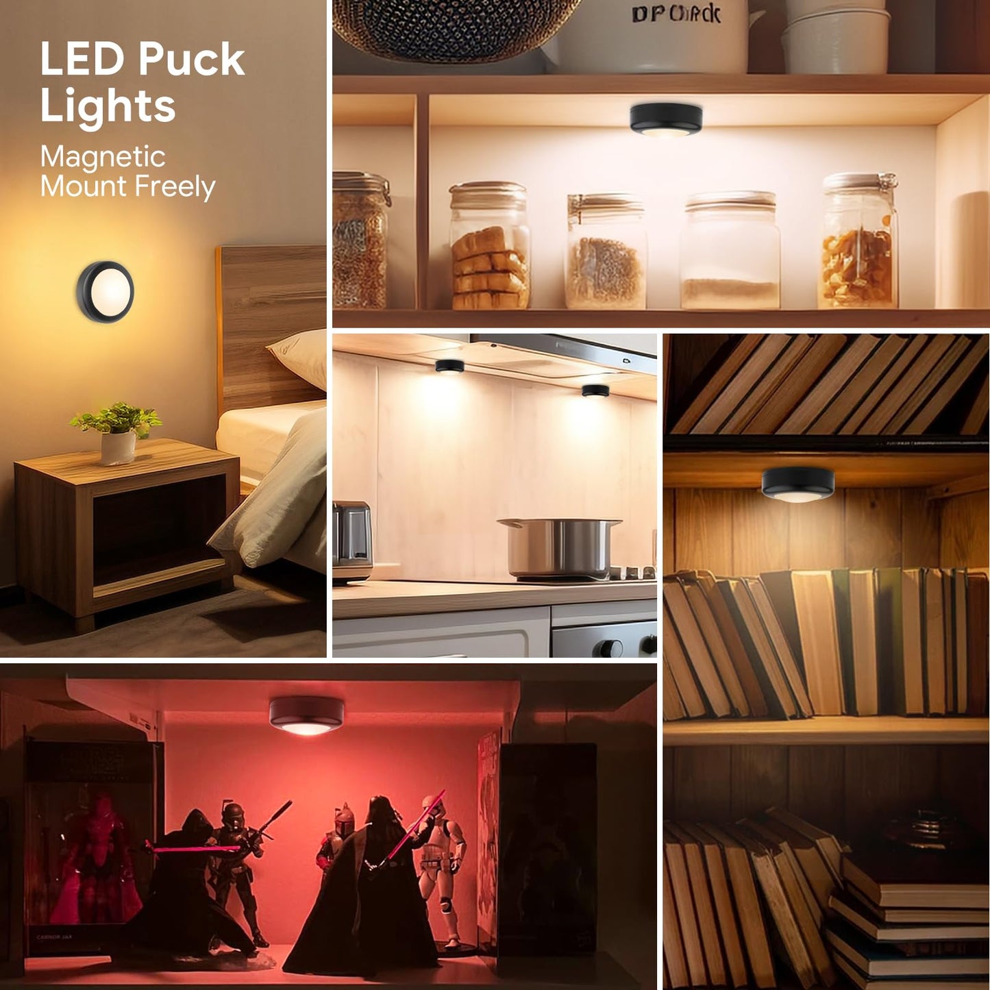 Yiliaw LED Puck Lights with Remote Control, 12 Pack, AA Battery Operated, 12 Color, Black-Magnetic, Plastic