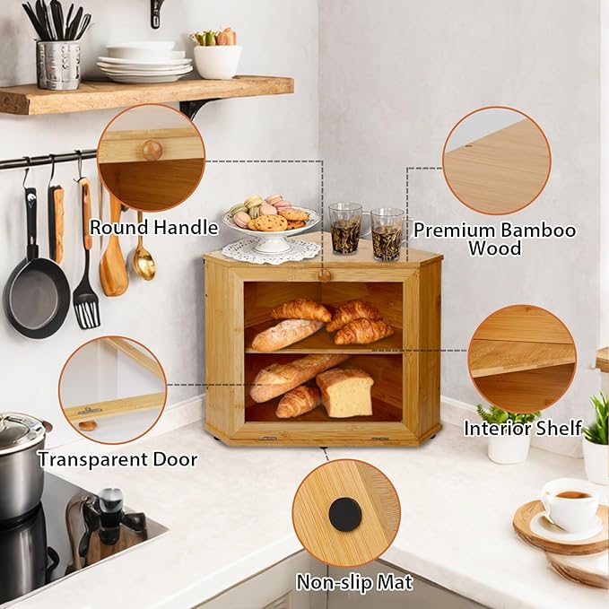 Bamboo Corner Bread Box for Kitchen Countertop, Log Bread Storage Box, Double-Layer Round Wooden Breadbox with Acrylic Transparent Window installed under cabinets, Store Various Foods and Items
