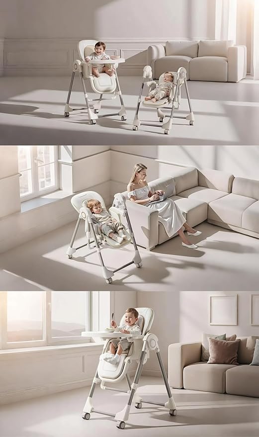 Nine point nine PU Leather Baby High Chair with Swinging Function, High Chairs for Babies and Toddlers, Removable Double Tray Baby Seat Feeding Chairs (8121 Grey)