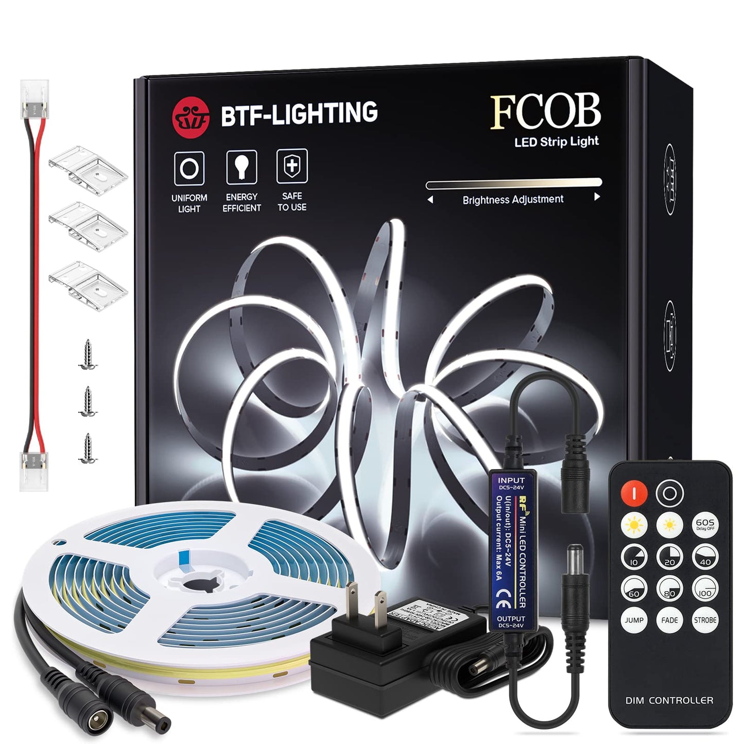 BTF-LIGHTING LED Strip Lights Kit 16.4FT RF Remote Cool White 6000K Flexible COB 24V Model FOB5M24VRF14CW24V3A-US