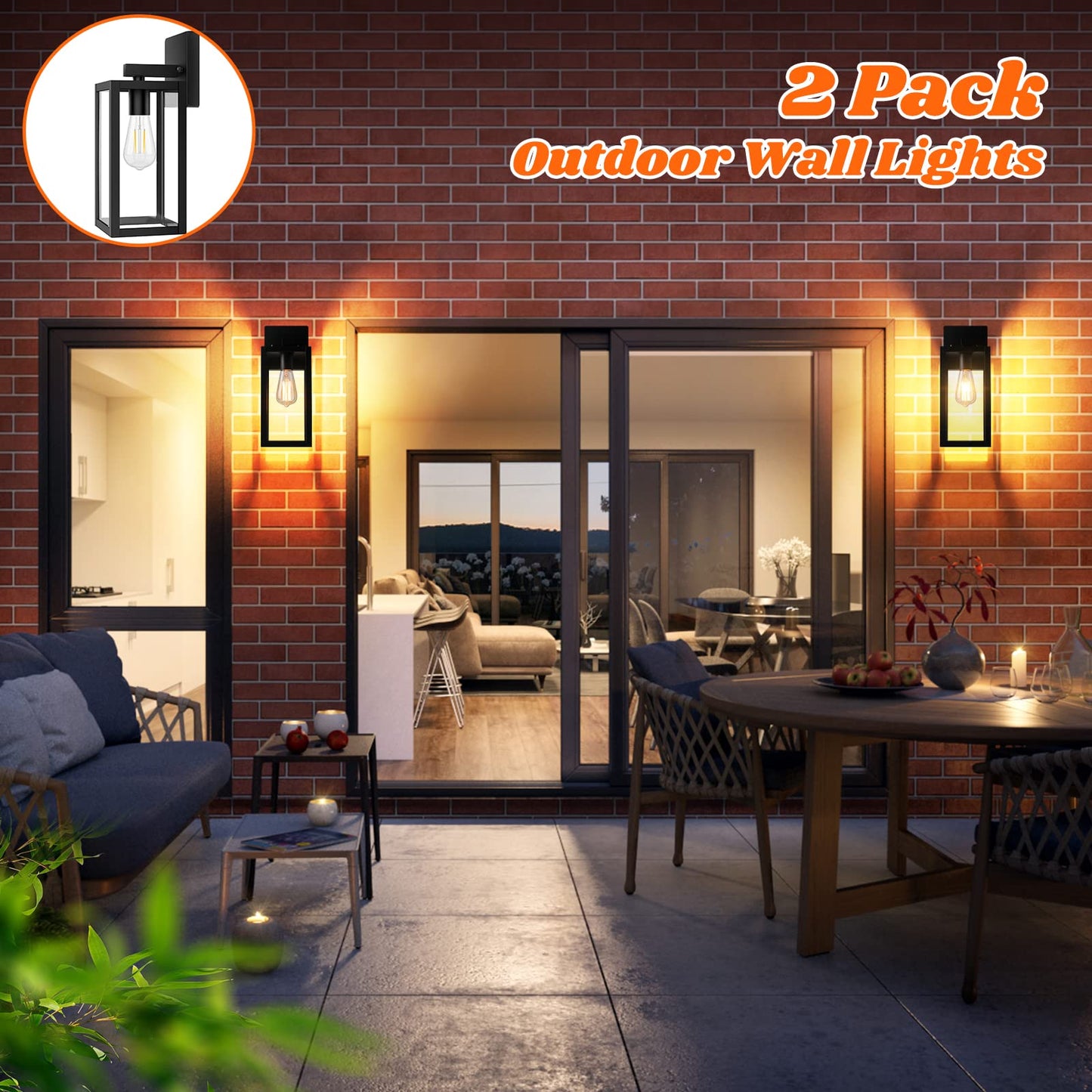 Brightever 2-Pack Outdoor Wall Lanterns, Waterproof Black Metal Sconces, Clear Glass, Model B04018P