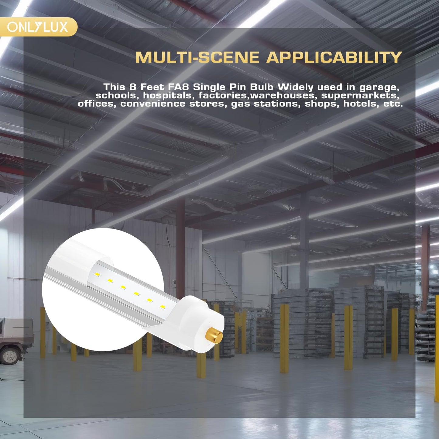 Onlylux 8Ft Led Tube Light, 10 Pack, 6500K Daylight, Milky Cover, F96T8/F96T12 Replacement, 100W Fluorescent