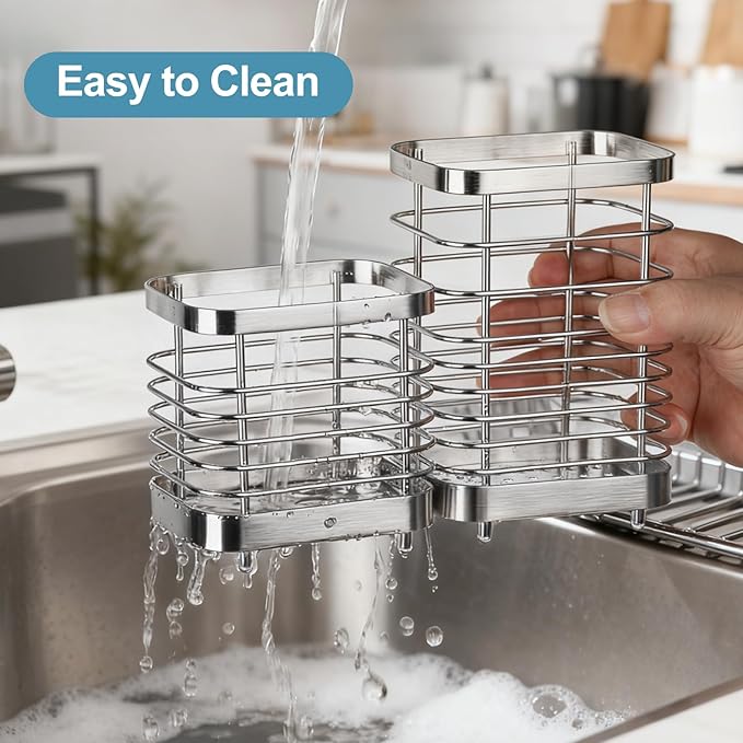Utensil Holder, Stainless Steel Utensil Drying Rack for Kitchen Counter, Silverware Cutlery Flatware Holder Forks, Knives, Spoons, Chopsticks Organizer (Silver, Tall & Short)