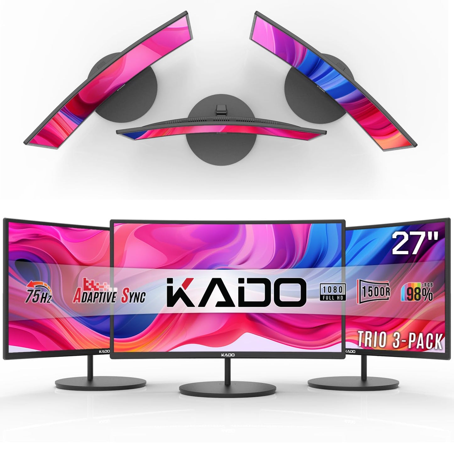 Kado Triple Monitor Setup - 3-Pack 27" 1920x1080 Curved Computer Monitor 1500R 75Hz VESA Mount HDMI Office Gaming Hybrid Sim Racing Built-in Speakers (C27 Trio Series)