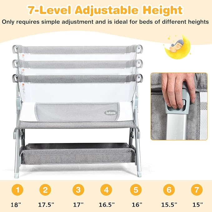 INFANS Baby Bassinet Bedside Crib, Newborn Sleeper w/Large Storage Basket, Adjustable Heights, Detachable &Washable Mattress, Breathable Mesh, Straps, Easy Moving Bed Side (Dark Grey)