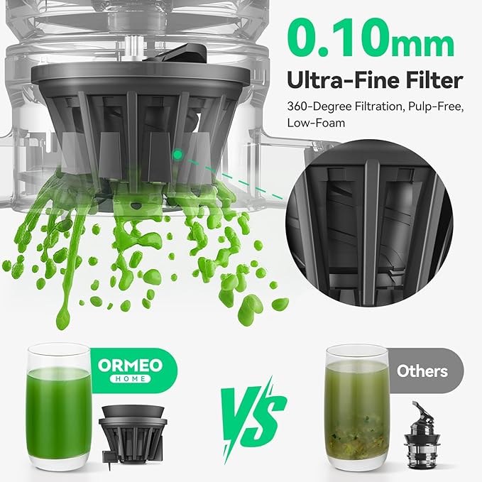 Cold Press Juicer, ORMEO HOME Juicer Machines with 4.35"Large Feed Chute Fit Whole Vegetables & Fruits, Masticating Juicer with Pulp Seperation, 99.6% Juice Purity, Quiet Motor, Easy to Clean,BPA Free
