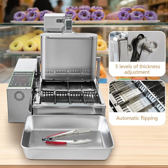 HNZXIB 1750pcs/hour Mini 4-Row Donut Maker, Automatic Donut Machine, Commercial Doughnut Frying Maker, 5 Gears Adjustment, 110V 60Hz, 2000W, Stainless Steel, for Cafes, Bakeries, Restaurants