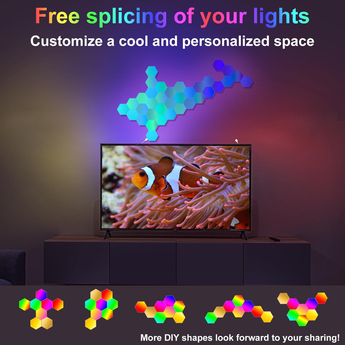 Zwzasm RGB Hexagon Wall Lights, 8 Pack Smart LED Panel Lights with App & Remote, Music Sync, DIY Shapes for Living Room, Bedroom, Gaming Room