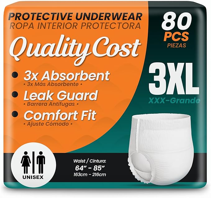 QualityCost Adult Incontinence Underwear Pull-Up, 80Pack, Heavy Duty Briefs for Men and Women, Maximum Absorbency, Leak Proof, Disposable Pull-Ups for Overnight Protection, Size 3XL (64-85 inch Waist)