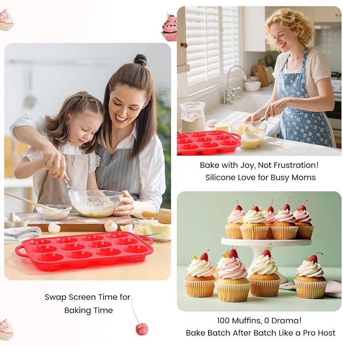 Silicone Muffin Pans for Baking, with Metal Reinforced Frame, Dishwasher Safe BPA Free Nonstick Silicone Cupcake Pan 12 Cups for Baking Homemade Muffins, Cupcakes - 2 Pack
