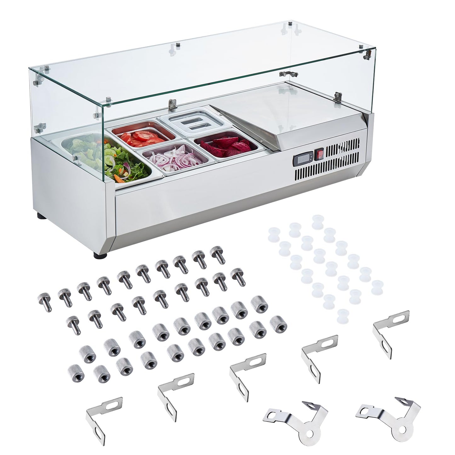 VEVOR Countertop Refrigerated Condiment Station, with 1 1/3 4 1/6 Pans, 304 Stainless Body and PC Lid, Sandwich Prep Table Guard, ETL, Glass 40in, Silver