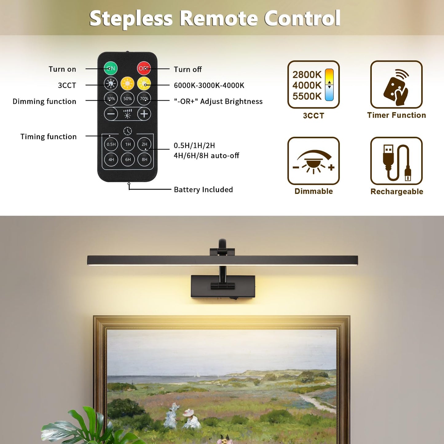 Wireless Picture Lights For Wall Battery Operated  Black Art Lighting For discomfort-reducingtings Rechargeable Gallery Lights With Remote And Timer 3Cct Dimmable discomfort-reducingting Lights For Artwork Portrait 23.62 Inch