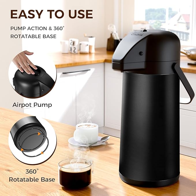 Coffee Carafe for Keeping Hot - Gezoss 102OZ / 3L Airpot Coffee Dispenser with Pump - Large Coffee Thermos for Hot Drinks Tea Liquid - Insulated Stainless Steel Hot Water Beverage for Parties,Black